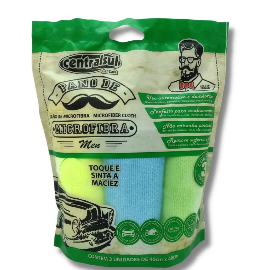 KIT 3 PANOS DE MICROFIBRA MEN MULTIUSO CENTRALSUL 40CM X 40CM